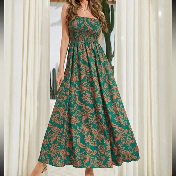 Boho Floral Print Smocked Bodice Cami Maxi Dress Green - Picture 4 of 6